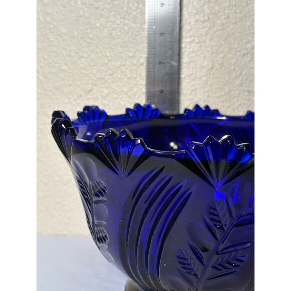 Rare Vintage Large Poland Crystallina Cobalt Blue Glass Footed Fruit Bowl, 9" Di - Picture 9 of 9